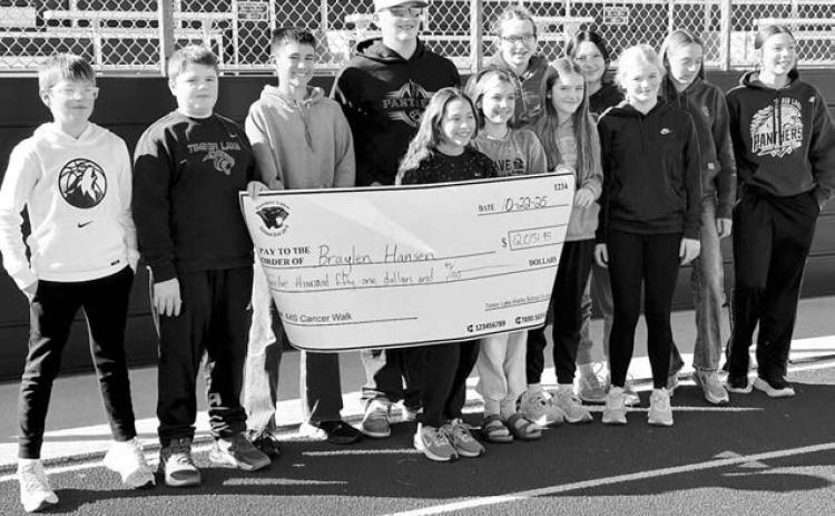 Top fundraisers for the Timber Lake Middle School Cancer Walk, pictured with Breylan Hansen, are Front (l-r): Karter Lindskov, Nathaniel O’Bryan, Emmett O’Leary, Remi Wiedmer, River Mowrer, Lily Handeland, Alexa Roggow; Back: Bricelyn Pederson, Pazlin Ducheneaux, Jiel Mowrer, and Cheyienna Nygaard.