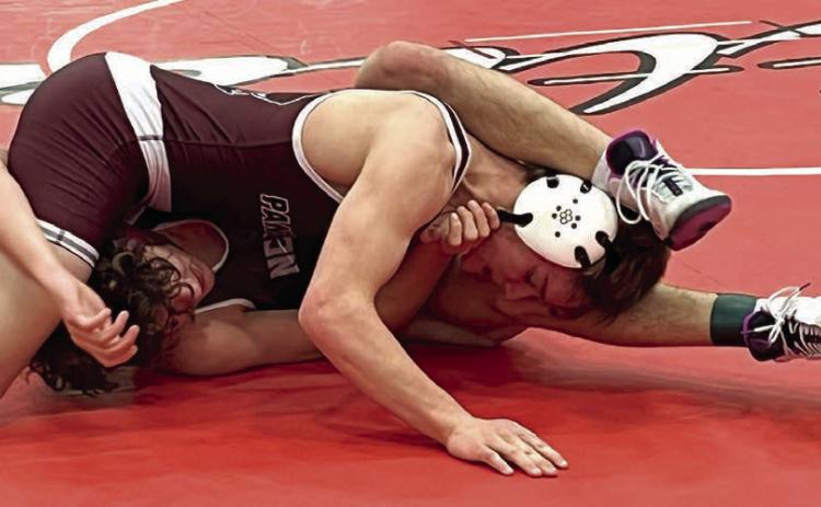 Panther 144 pounder Chandler Winterberg (top) works against an oppponent from Newell at the Battler Wrestling Invitational in Gettysburg on Saturday, Jan. 17. Topic Photo/Denise Perryman