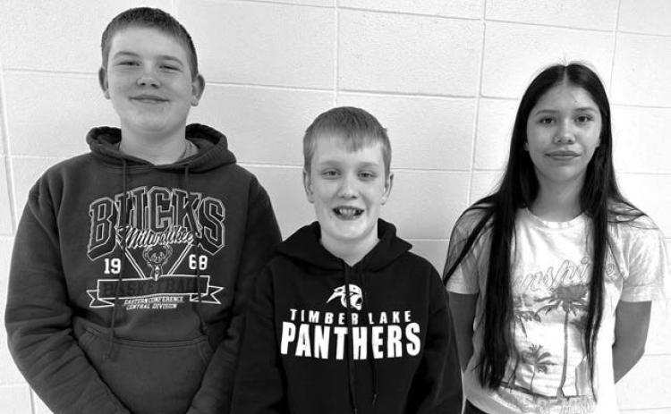 Timber Lake Middle School spellers who won awards at the NWAS Spelling Bee are (l-r): Brayden Meier (6th grade), Mason Hollenbeck (7th grade) and Autym Red Bear (8th grade).