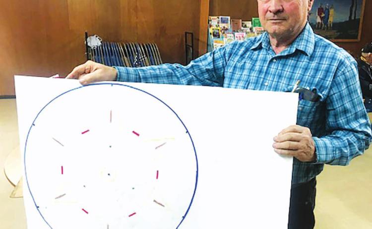 Isabel American Legion Post 120 Commander Johnny Boldt shows off a rough draft of a new design for the Veterans Memorial at Hillview Cemetery. The post will be adding 70 new names to the memorial stones and placing them in a new configuration. The redesign was approved by the membership during Post 120’s birthday celebration for the American Legion in March. Photo by Jon Flatland