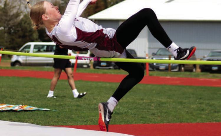Timber Lake’s Talley Locken clears the high jump during the Timber Lake Invitational Track Meet held last Thursday, May 2, at Doug Kraft Field. Locken cleared the bar at 4 feet-six inches, earning her a tie for second place in the event. Photo by Jon Flatland