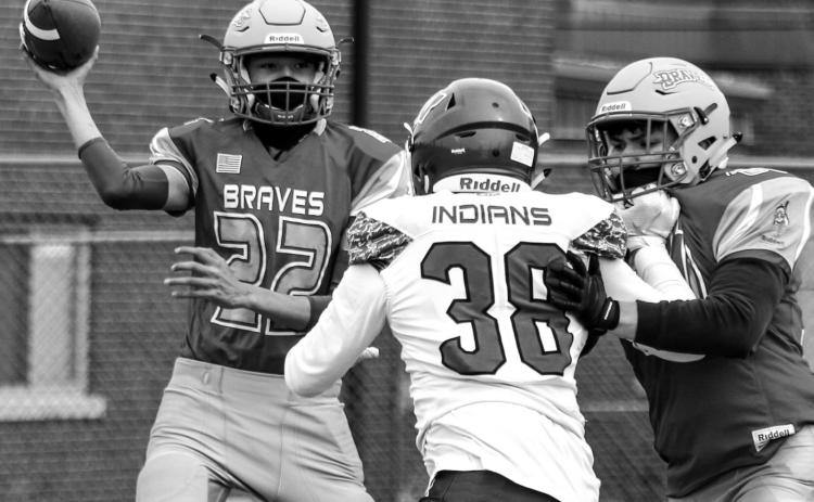 Cheyenne-Eagle Butte quarterback Ayden Sampson (22) passes the ball during the All Nations Conference football opener Friday at Eagle Butte. Photo by Jon Flatland