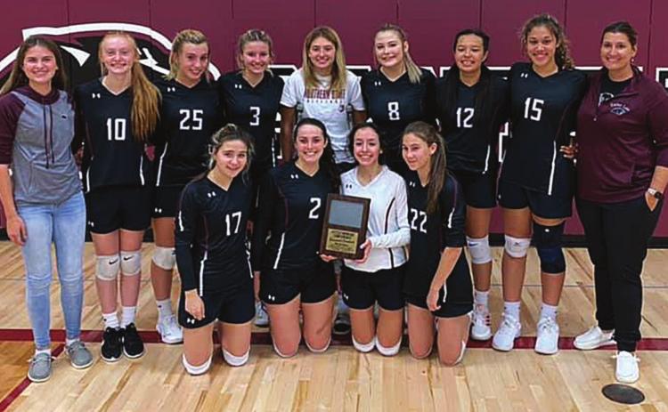 Conference tournament champion Panthers FRONT: Natalie Gross, Maci Maher, Rachel Toviah, Natalie Lawrence; BACK: Meredith Maciejewski, Jordan Jones, McKenzi Vomacka, Carlie Lawrence, Shay Kraft, Kenna Webbb, Kessa Bigger, Jasmine Nash, coach Megan Bickel. Courtesy Photo