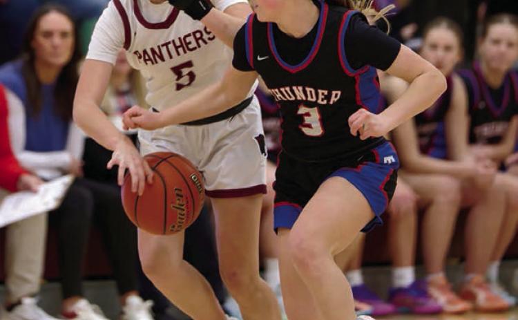 Josie Boldt (5) knocks the ball away from Carleigh Dosch (3) of North Central on Saturday, Jan. 31, when the Lady Panthers hosted the Thunder. Topic Photo/Marie DuPreez