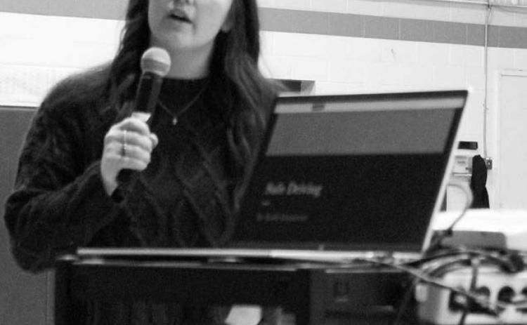 Bobbi Kammerer, 22, of Philip gave a presentation on distracted driving to Dupree School students recently. She is required to make presentations as part of her court sentence for causing a fatal accident while distracted driving. Photo by Patty Peacock