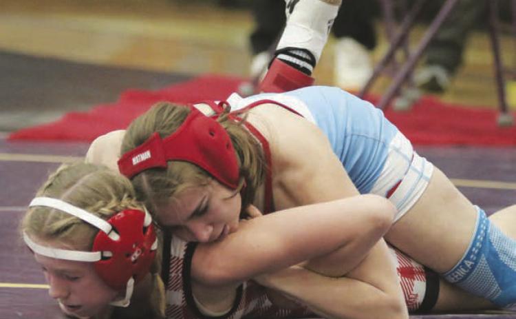 C-EB/Dupree junior Eulayla (Layla) Maynard, top, qualified for her second consecutive SD State High School Wrestling Tournament berth. The defending girls 112-pound champion, Maynard is vying for the title at 106 pounds this year. Photo by Jon Flatland