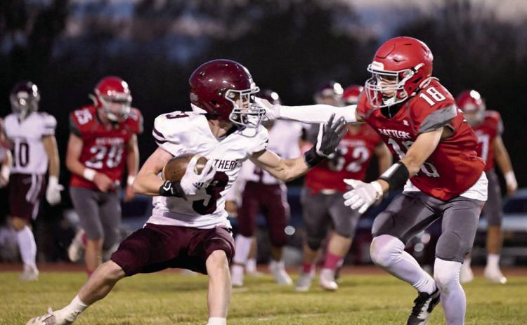 Timber Lake receiver Holden Gill puts a move on a would-be Potter County tackler during the Panthers 44-8 win over the Battlers last Friday. Timber Lake, 4-4, will host Dupree, 4-3, this Friday at Kraft Field in Timber Lake. Photo by Marie Du Preez