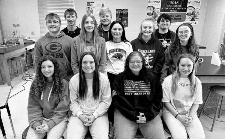 Thirteen Timber Lake High School students won awards at the annual High Plains Regional Science Fair last week. Projects were presented by Zoom. FRONT (l-r) Arianna Bieber, Kiya Mowrer, Molly Miller, Peyton Keller; MIDDLE: Gabe Keller, Gailup Bollinger, Joie LeBeau, Jordan Jones, Maria Scherer; BACK: Holden Gill, Shawn Quinn, Jesse Ridl. NOT PICTURED: Gavin White. Photo by Kathy Nelson