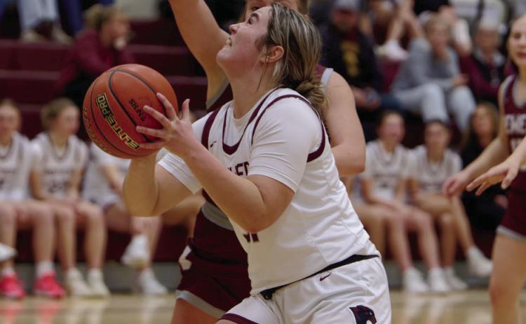 Kate Biegler prepares to put up a shot during a Timber Lake girls basketball game from Newell during the 2025-26 season. Photo by Marie DuPreez