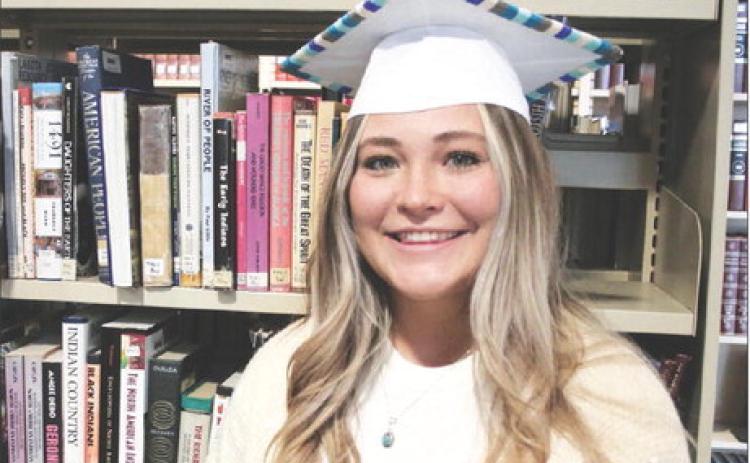Through the dual-credit program, Timber Lake HS senior Kenna Webb earned enough credits to begin college this fall as a sophomore. Through on-line courses the future teacher garnered 37 dual-credits, the most by a Timber Lake student since the program began. Photo by Jon Flatland