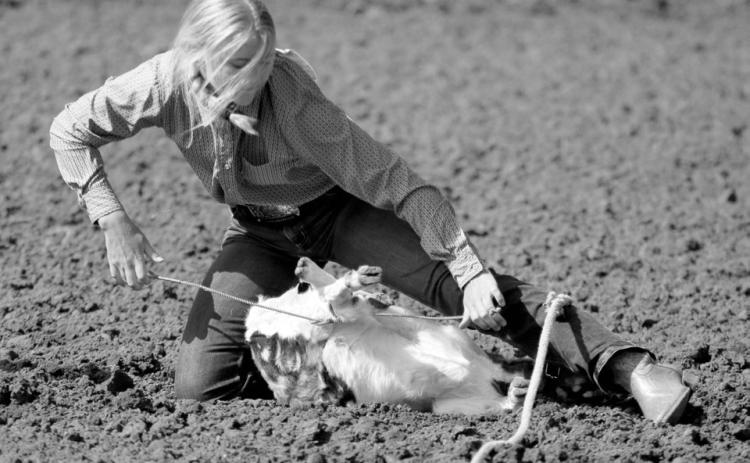Lainee Gebhart of Meadow competes in the goat-tying competition at the Dewey County 4-H Rodeo in Timber Lake on Sunday, May 28. Photo by Jon Flatland