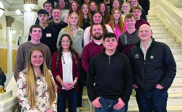 The Timber Lake High School senior class recently spent a day at the State Capitol in Pierre, where they visited with Dist. 28A Rep. Jana Hunt (R-Faith). The trip, sponsored by the S.D. Equity Coalition, also included a visit of the Capitol before sitting in on the State of the Tribes address. Photo courtesy of Timber Lake School