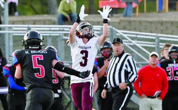 Senior wide receiver Holden Gill (3) goes up to catch a pass during recent Timber Lake Panther football action. The 1-3 Panthers will take on 3-2 Harding County/Bison on Friday, Sept. 26.m Photo by Marie Du Preez
