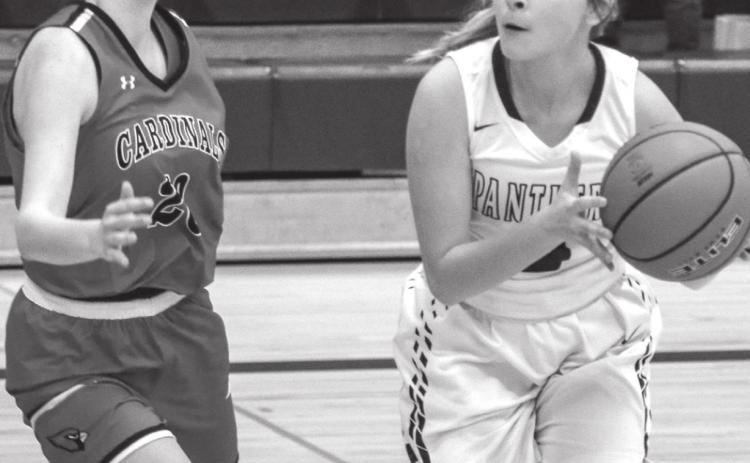 Timber Lake guard Joie LeBeau tries to hustle past Bison’s Greta Anderson (2) during their LMC tournament win.