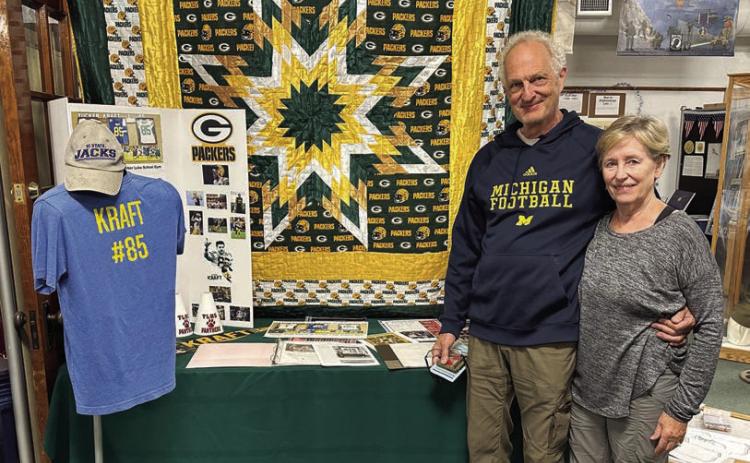 While visiting family and friends in Timber Lake last week, Steven Scherer and his wife, De Ann of Media, PA stopped to see the Tucker Kraft/Green Bay Packers exhibit at the Museum. Steven’s parents, Edie (Kraft) and Clifford Scherer, grew up in Timber Lake.