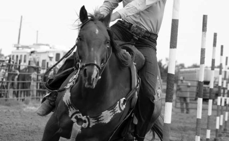 Riley Glines of McIntosh leads her horse through the poles at the 64th annual Ziebach County 4-H Rodeo in Dupree on Saturday, July 13. Glines captured top honors in the Senior Girls Poles event with a time of 22.047. Photo by Jon Flatland