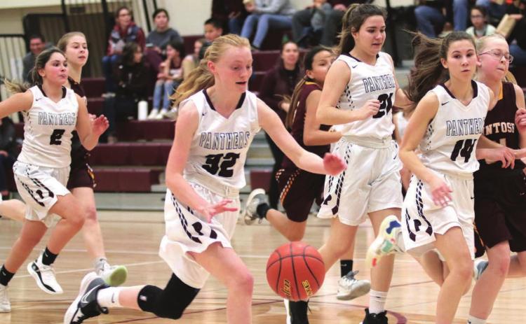 Panthers on the fast break (L-R) versus McIntosh: Joie LeBeau (2), Jordan Jones (32), Abby Linderman (21) and Natalie Lawrence (14). Photos by Jon Flatland