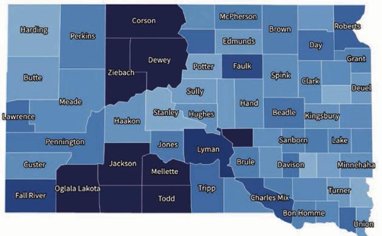 Dark blue reflects the percentage of food insecure people in a county, About 20 percent of residents are food insecure across the tri-county area. Graphic by Molly Wetsch / SD News Watch