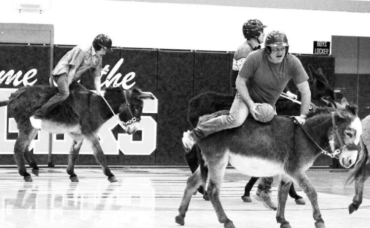 Players in the Donkey Basketball game sponsored by the Dupree Booster Club last Thursday, Jan. 23, had a hard time figuring out how to steer their donkeys ... and spent more time concentrating on staying on-board than they did scoring a basket. Above, Tee Birkeland, left, tries to get his donkey moving while Terry Russell (with basketball) wonders if he can stay on long enough to get a shot. Behind Russell is Kaden Deal. Photo by Patty Peacock