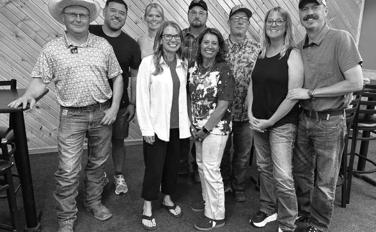 TheTimber Lake High School Class of 1994 (RIGHT) held an impromptu reunion recently when Cody Burnette was home. Front (l-r) are Bryan Gill, Jake (Yvette) Ducheneaux Houck, Jessica Witte Ducheneaux, Val Reiss, Billy Yuker; back: Cody Burnette, Jackie Hahne Grage, Steve Holzer, Ed Ducheneaux.