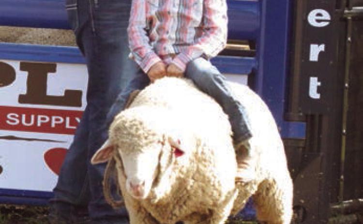 Ona Garreaux of Eagle Butte shows the form that won her first place in the Mutton Bustin’ competition at the 3 Rivers Ranch Rodeo held in Timber Lake on Saturday, Sept. 30.