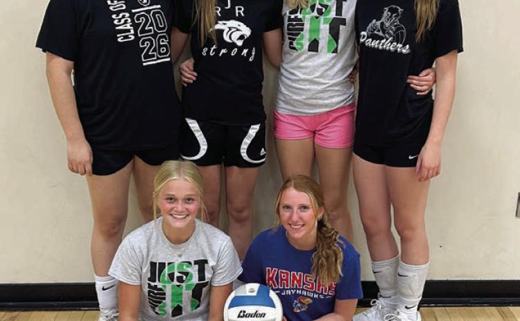Seniors on the Timber Lake Panther volleyball squad this season include (back, l-r) Ikeeah Buckley, Geana Bollinger, Miley Murray, and Gailup Bollinger; (front, l-r) Hailey Roggow and Sara Keller. Not pictured is Emma Johnston. Photo by Jon Flatland