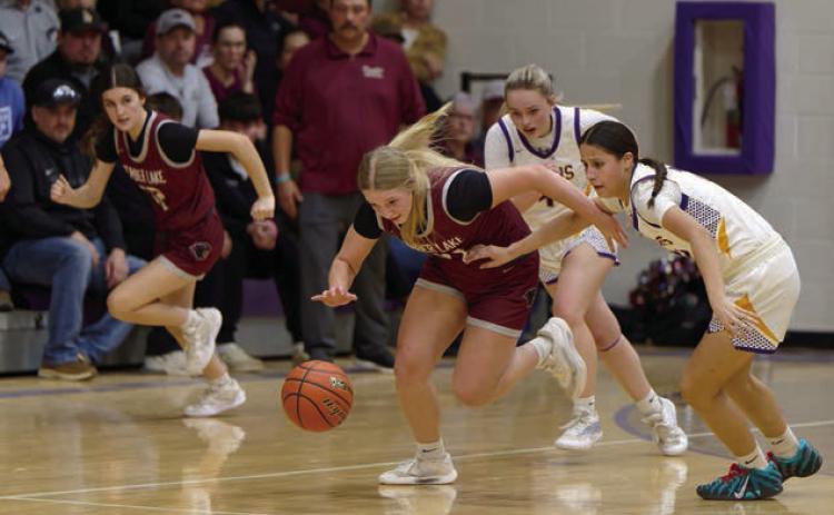 Timber Lake’s Maddy Hermes makes a steal and heads up-court while teammate Kylie Lawrence (left) fills a lane for a fast-break and Panther Head Coach Tuffy Thompson (maroon shirt) looks on. Topic Photo/Marie DuPreez
