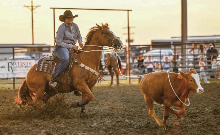 Tessa Goldade of Timber Lake makes a successful run during the ladies breakaway roping event at the Days of 1910 Rodeo last weekend. Photo by Chuck Miner
