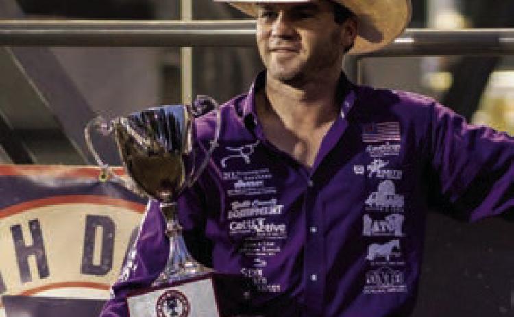 Eagle Butte cowboy Shorty Garrett captured top honors at the North Dakota Roughrider Cup Rodeo held September 28-30 in Mandan. Garrett scored an 89.5 point ride on Blessed Assurance from J Bar J to collect first place and top prize money of $8049. Photo courtesy of PRCA