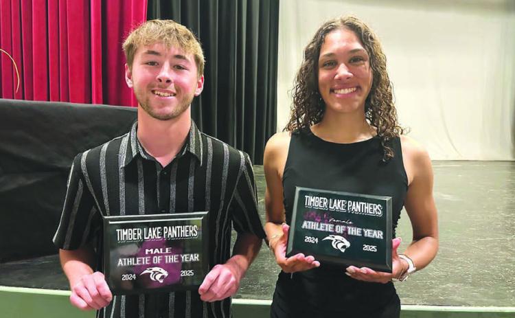 At Timber Lake High School’s Athletic Awards Night on May 12, seniors Cole Ducheneaux (left) and Jasmine Nash were awarded Athlete of the Year for 2024-25. (Watch for more athletic awards in next week’s Topic.)