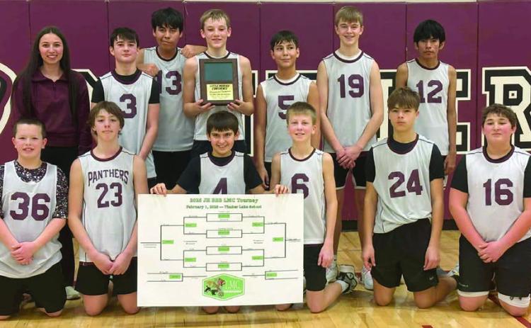 Timber Lake captured the championship at the Little Moreau Conference Jr. High boys basketball tournament played Saturday, Feb. 1, in Timber Lake. Team members include (back row, l-r) Coach Josie White, Blake Lei, Theo Taylor, Braxton Farlee, Camden Ley, Owen Schweitzer and Brayden Brown; (front row) Garrett Nilson Michael Bollinger, Koy Hunt, Gracen Gill, Zander Van der Merwe, and Baylor Bickel.