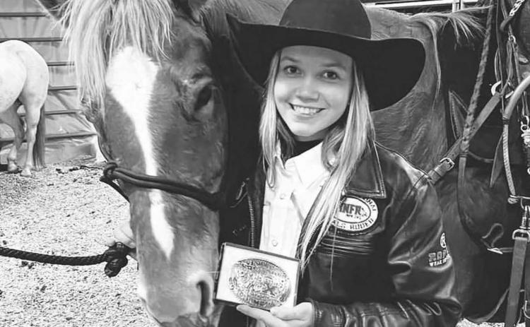 Courtesy Photo Kennedy McLellan of the Dupree High School Rodeo Team, along with her horse, Captain, won the pole bending event at the South Dakota 20X High School Rodeo Showcase in Rapid City on Sunday, Jan. 29. The rodeo featured the top three high school rodeo competitors in 10 events from all four regions of the state. McLellan clocked in with a time of 20.05 seconds. Katie Sheridan of Faith was third overall with a time of 20.94 seconds.